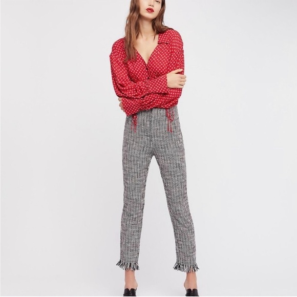Free People Houndstooth Tweed Fringe Hem Aster Pants Size 10 - Picture 1 of 12